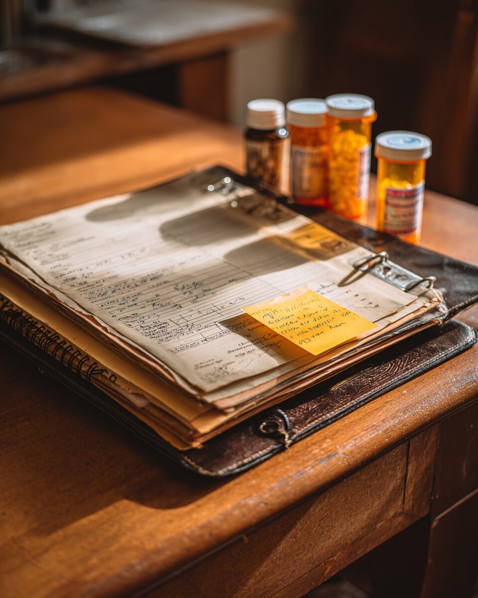 A stack of medical paperwork on a dining table: a thick 3-ring binder, a manila folder, prescription pill bottles, a spiral notebook, and a sticky note.